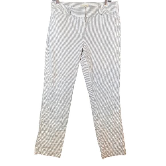 LOFT Womens Pants White Gray Striped Seersucker Cropped Ankle Cotton Blend 8 - Picture 1 of 14